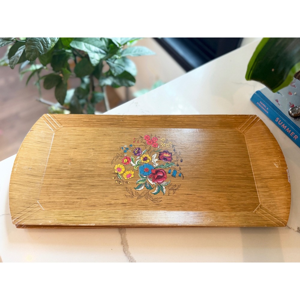 Vintage Hasko De Luxe Lap Tray Mid Century Faux Wood Floral Lithograph MCM 16x8